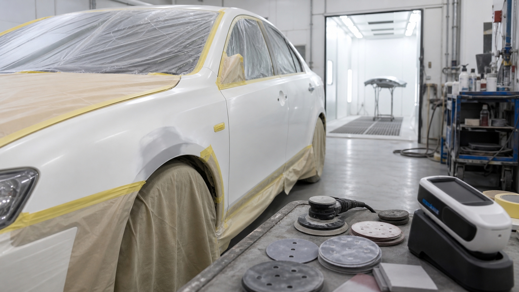 マスキングを施した車体と、調色に使う機材が置かれた作業スペース