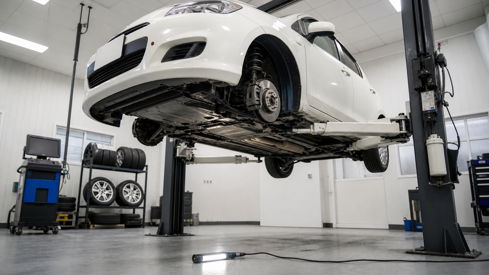 リフトに上げた車の下回りが見える整備工場の内部