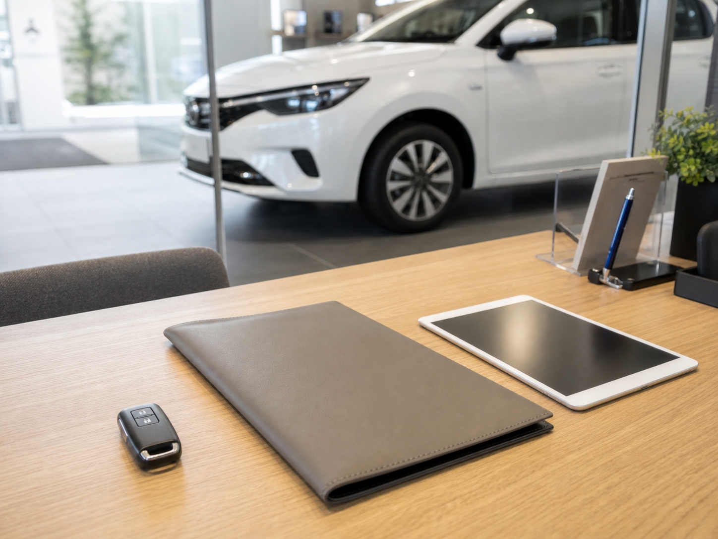 自動車販売店の商談カウンター。車のキーと書類ホルダー、タブレットが置かれている