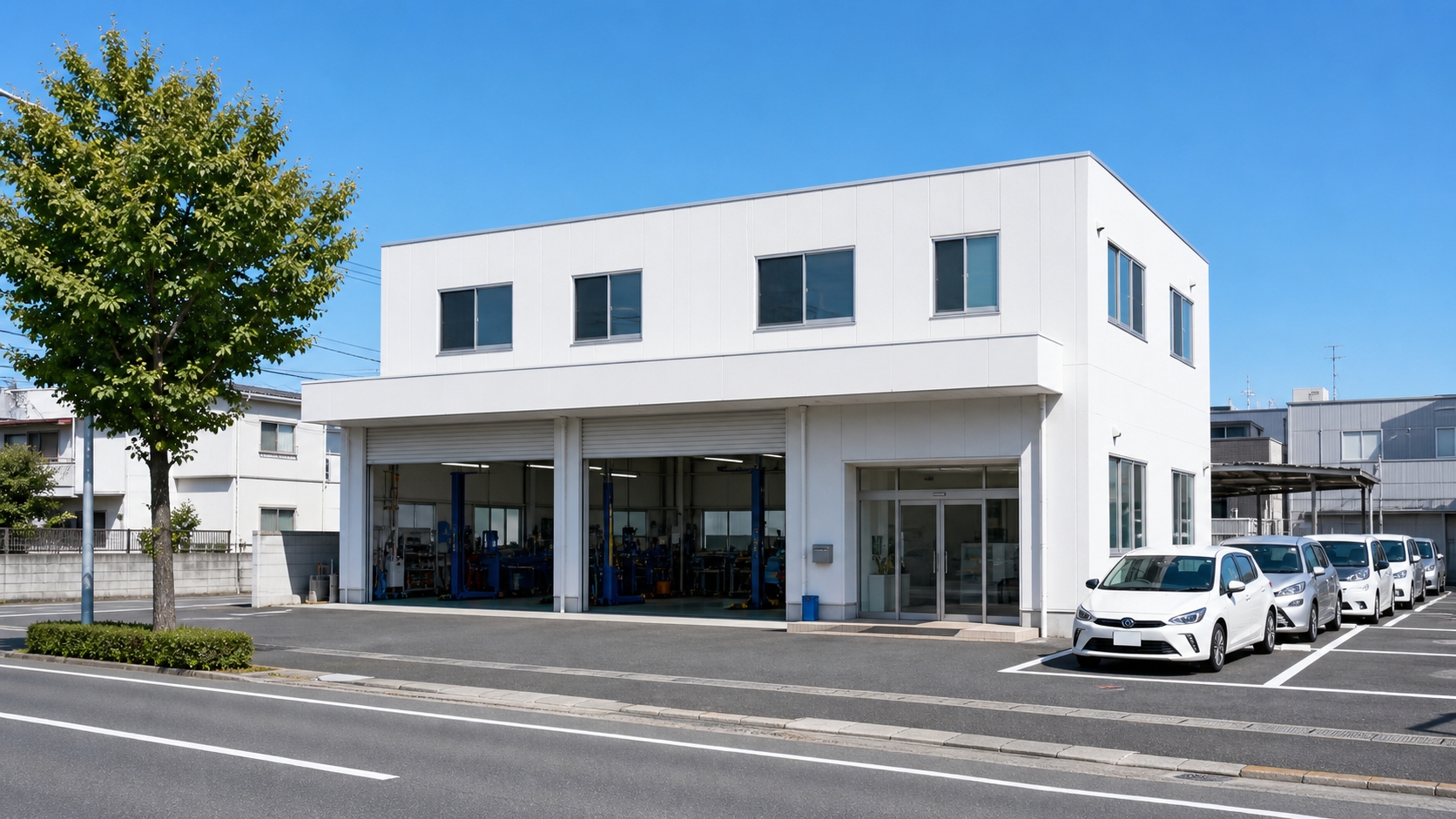 幹線道路沿いにある白い外壁の自動車整備工場の外観と、手前の駐車スペース