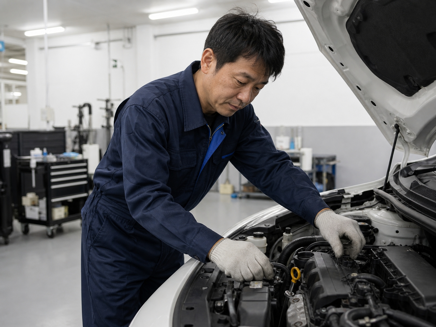 紺色の作業着を着た整備士が、白いコンパクトカーのエンジンルームを点検している様子